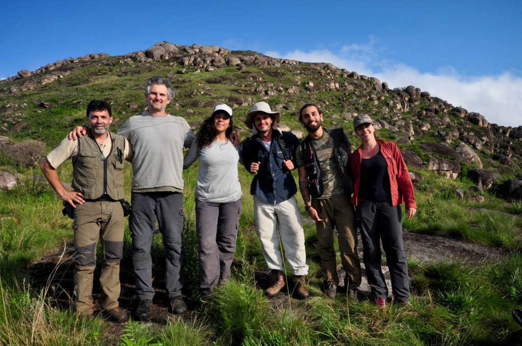 Figura 2. Técnicos do projeto junto com cooperadores em campo na Serra do Capivari (Campinha Grande do Sul, PR), onde não foi encontrada nova população de sapinho da montanha. Foto: Luiz Fernando Ribeiro.